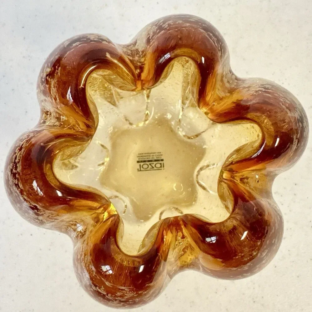 Amber‎ Heavy Art Glass Bowl By Tozai Vase Multiple Bubbles Ribbon Rim - Picture 4 of 7